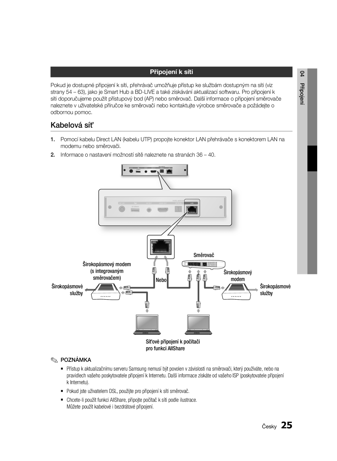 Samsung BD-D7000/ZF, BD-D7000/XN, BD-D7000/EN, BD-D7000/XE manual Kabelová síť, Připojení k síti 